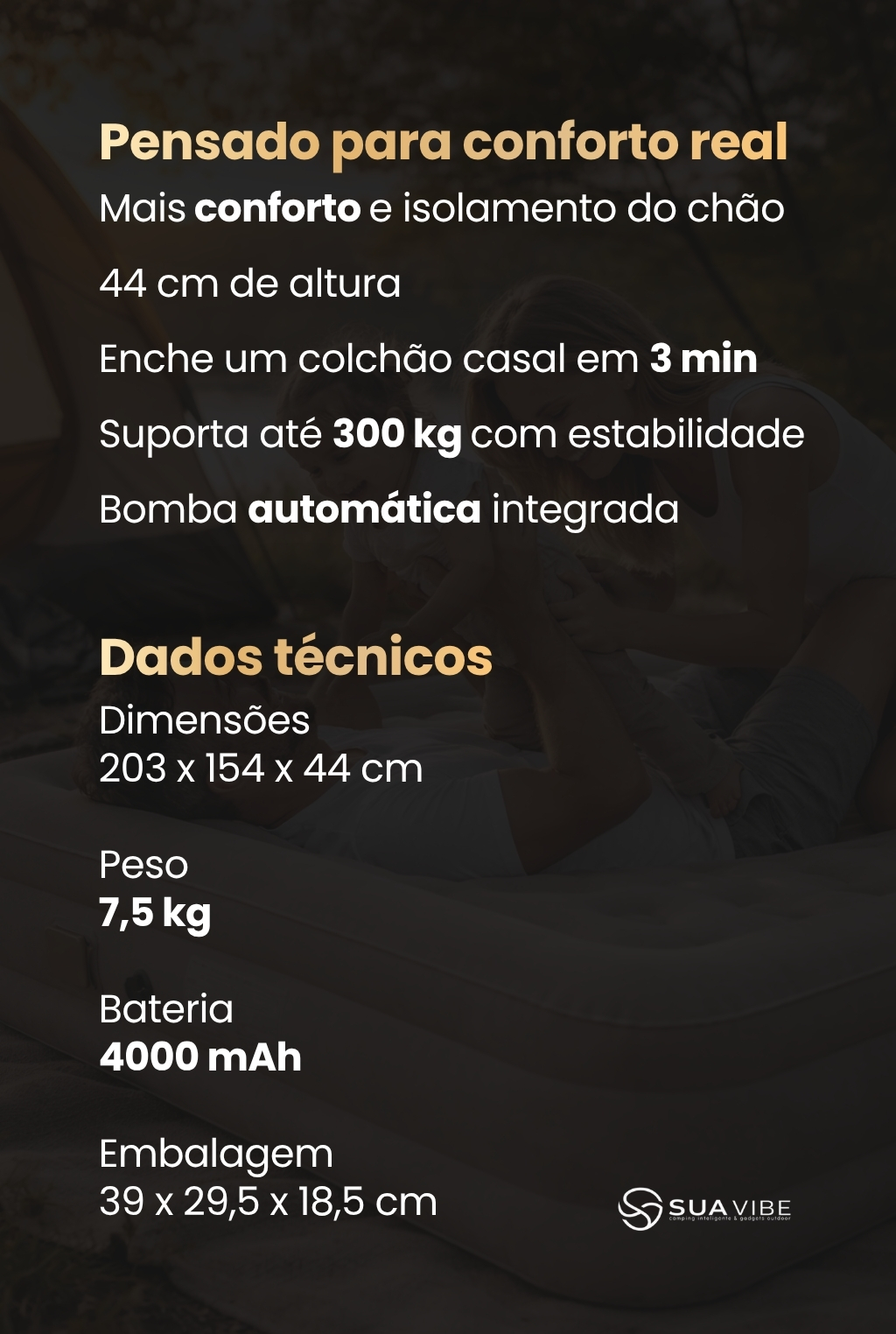 especificações técnicas do colchão inflável com bomba e bateria integrada